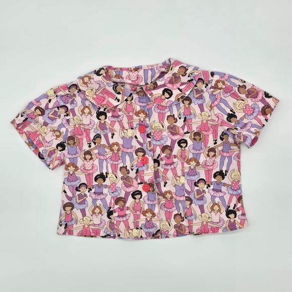 Vintage Girls Ballet Dancer Print Button Up Short Sleeve Size 2T-3T - Picture 1 of 4